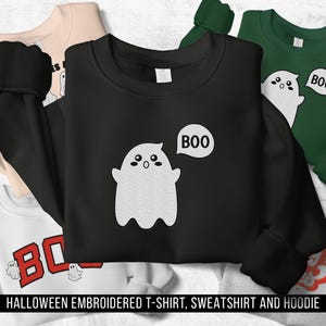 Boo Cute Ghost Embroidered Sweatshirt, Halloween Embroidered Hoodie, Fall Spooky Season Embroidered Tshirt