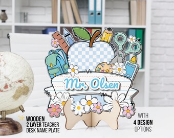 Personalized Floral Teacher Name Sign: Wooden Desk Plate, Custom Classroom Decor