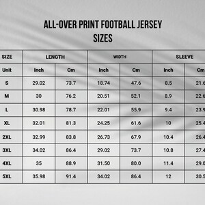 May include: Size chart for a football jersey with measurements in inches and centimeters. The chart shows the size, length, width, and sleeve length for sizes S through 5XL.