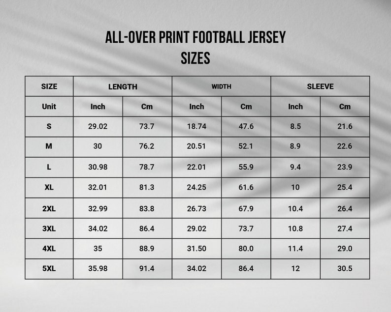 May include: Size chart for a football jersey with measurements in inches and centimeters. The chart shows the size, length, width, and sleeve length for sizes S through 5XL.