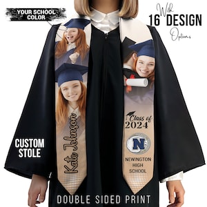 Custom Stole With Photo, Graduation Sash, Your School Colors, Name and Photo Stole, Double-Sided Graduation Sash, Personalized College Stole image 1