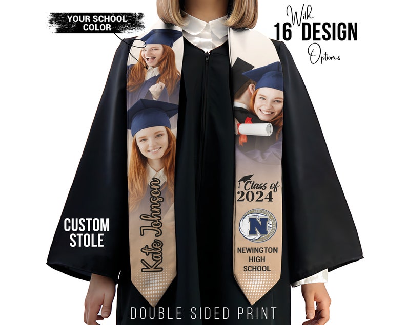 Custom Stole With Photo, Graduation Sash, Your School Colors, Name and Photo Stole, Double-Sided Graduation Sash, Personalized College Stole image 1