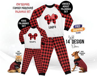 May include: Red and black plaid family matching pajamas with a Mickey Mouse silhouette and the names "Laura" and "Robert" printed on the shirts.  The pajamas are available in 14 different designs.