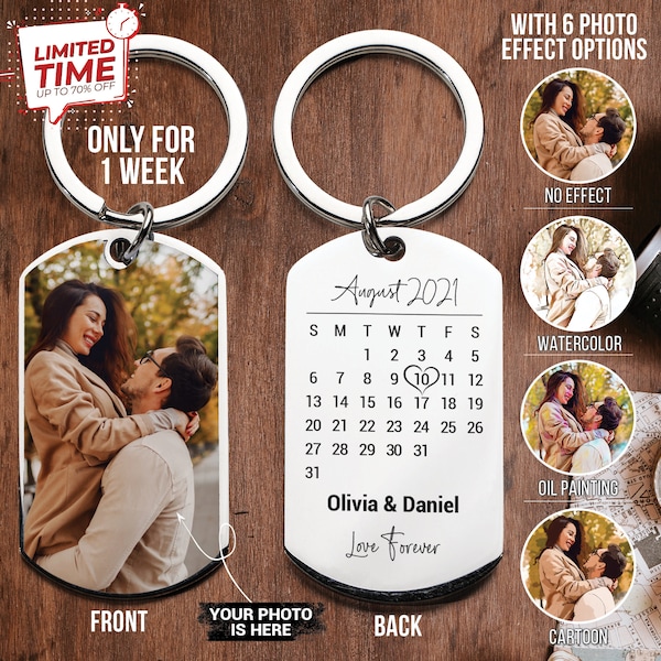 Married Keychain, Wedding Date Keychain, Calendar + Photo Keyring, Anniversary Gift, Valentines Day Gift, Newlywed Calendar Engagement Gift