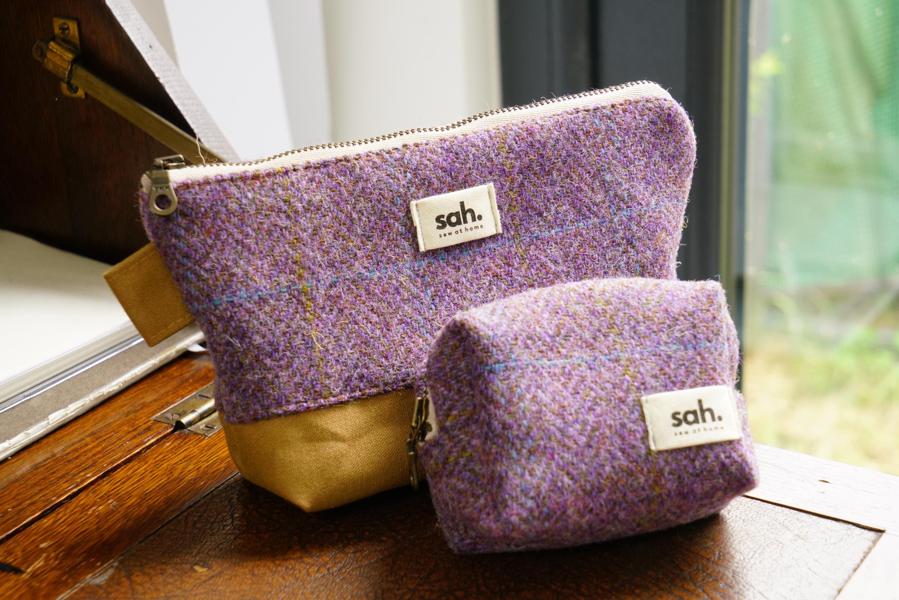 Purple Harris Tweed Pouch Bag - Scottish Wool Travel Case - Small Box Pouch