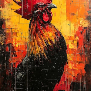 Puede incluir: Una pintura vibrante de un gallo con una cresta y barbillas rojas llamativas. La obra presenta un fondo texturizado y abstracto en tonos de amarillo, naranja y negro, creando una composición audaz y dinámica. Las plumas del gallo están representadas con pinceladas expresivas.