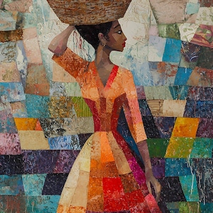 May include: An artistic painting depicts a woman carrying a basket of colorful fruits on her head. She wears an orange and red dress. The background is a mosaic of various colors, creating a vibrant and textured effect. The artwork evokes a sense of cultural richness.