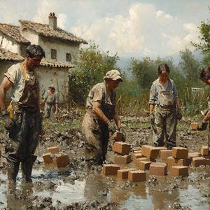 May include: An oil painting depicts several people working with bricks in a muddy area, likely a construction site. They are dressed in work clothes, with buildings and trees in the background. The artwork has a rustic, historical feel.