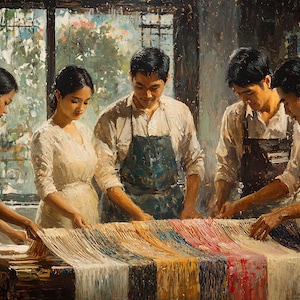 May include: An oil painting depicts a group of people working together on a colorful textile. The textile features a variety of colors, including white, yellow, orange, red, and blue. The people are dressed in work clothes and aprons.