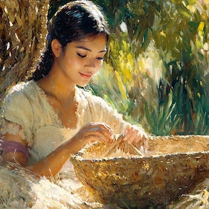 Amorsolo Style Filipino Wall Art – A Woman Weaving a Basket – Printable Filipino Art Download