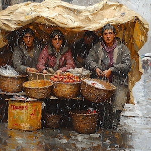 Filipino Modernist Wall Art | Street Vendor Rain Scene | Social Realist Urban Market | Muted Gray Industrial Painting | Digital Download