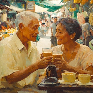 Amorsolo Style Filipino Wall Art – Old Couple in the Market – Printable Filipino Art Download