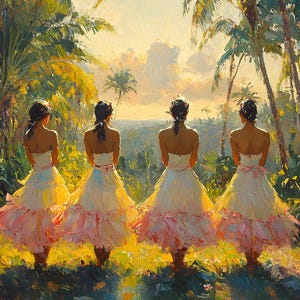 Amorsolo Style Filipino Wall Art – Dancers in Morning Prayer in Coconut Grove | Philippine Heritage Digital Print for Home Decor