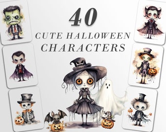 Schattige Halloween-personages Clipart: Halloween-kunst voor knutselen en decoreren | PNG-bundel | Digitale download | Sublimatieontwerpen | Grillig