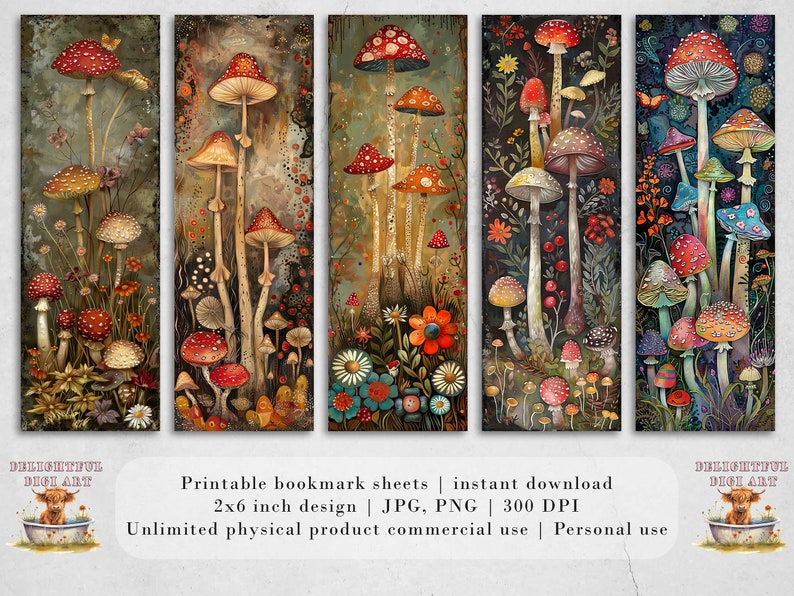 May include: Five printable bookmark designs featuring whimsical illustrations of colorful mushrooms with intricate details. Each bookmark is 2x6 inches and comes in JPG and PNG formats at 300 DPI. The bookmarks are perfect for adding a touch of whimsy to your reading experience.