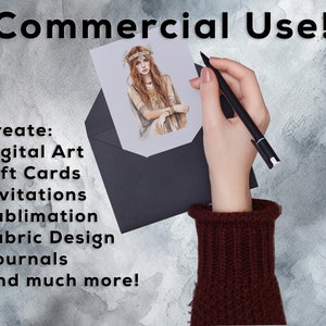 Puede incluir: Una ilustraci&oacute;n digital de una mujer con el pelo largo y rojo que fluye, llevando una corona de flores y un vestido blanco fluido. La imagen est&aacute; en un sobre negro con el texto "&iexcl;Uso comercial!" y una lista de usos para la imagen, incluyendo arte digital, tarjetas de regalo, invitaciones, sublimaci&oacute;n, dise&ntilde;o de telas, diarios y m&aacute;s.