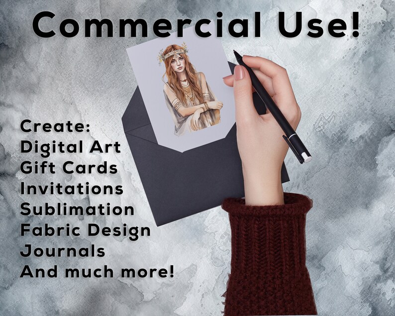 Puede incluir: Una ilustraci&oacute;n digital de una mujer con el pelo largo y rojo que fluye, llevando una corona de flores y un vestido blanco fluido. La imagen est&aacute; en un sobre negro con el texto "&iexcl;Uso comercial!" y una lista de usos para la imagen, incluyendo arte digital, tarjetas de regalo, invitaciones, sublimaci&oacute;n, dise&ntilde;o de telas, diarios y m&aacute;s.