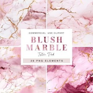 May include: A collection of blush marble textures with gold veining. The image features four panels of pink and white marble patterns. The text on the image reads "Blush Marble Texture Pack" and "28 PNG Elements".