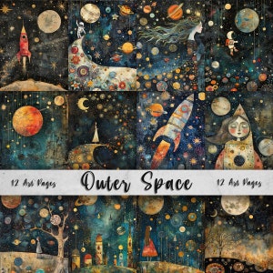 Outer Space Printable Art Pages, Whimsical Art Pack, Quirky Digital Paper, Planets, Moon, Adventure, Fun Wall Art, Kids Decor, Sublimation