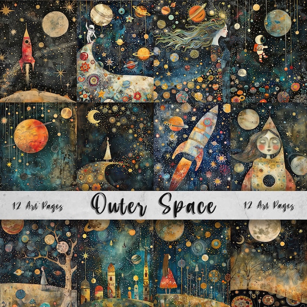 Outer Space Printable Art Pages, Whimsical Art Pack, Quirky Digital Paper, Planets, Moon, Adventure, Fun Wall Art, Kids Decor, Sublimation