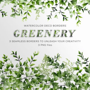 Clipart de vegetação, borda de vegetação em aquarela, borda sem costura, pré-design para convite, uso comercial, design gráfico, casamento, sinalização