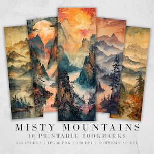 May include: Ten printable bookmarks featuring a misty mountain landscape with a sun and clouds in the sky. The bookmarks are 2 inches by 6 inches and are available in JPG and PNG formats. They are 300 DPI and can be used for commercial purposes.