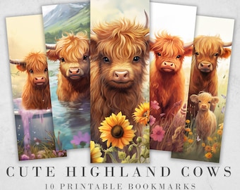 15 Watercolor Highland Cow Printable Bookmarks | Digital Download JPG Bookmark Sheets | PNG bookmark sublimation | Calf bookmark set | Gift