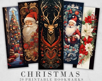 May include: Set of 20 printable Christmas bookmarks featuring a variety of designs, including a deer, Santa Claus, and poinsettia flowers. The bookmarks are 2 inches by 6 inches and are 300 DPI.