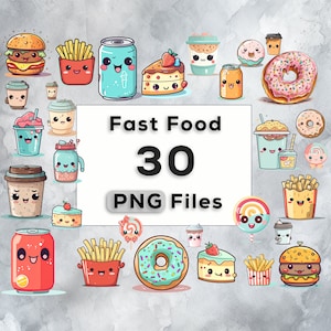 Kawaii Fast Food Clipart, Fast Food PNG Bundle, Fries Donut Coffee Burger, Commercial use, Printable Art School clipart, T-shirt Sublimation