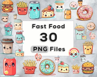 Kawaii Fast Food Clipart, Fast Food PNG Bundle, Fries Donut Coffee Burger, Commercial use, Printable Art School clipart, T-shirt Sublimation