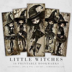 May include: Ten printable bookmarks featuring illustrations of cute witches in black dresses and pointy hats. The bookmarks are 2 inches by 6 inches and are available in JPG and PNG formats.