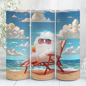 Puede incluir: Un personaje de nube blanca y esponjosa con gafas de sol y una silla de playa roja y blanca a rayas, relajándose en una playa con un vaso de zumo de naranja. El fondo es un cielo azul con nubes blancas y un mar azul.
