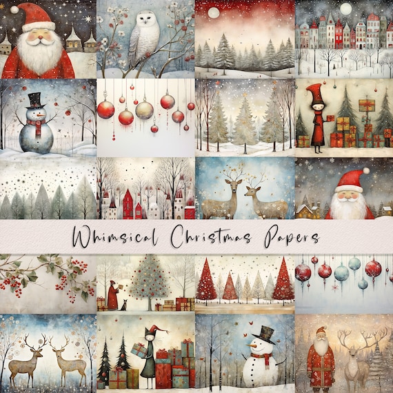 20 Whimsical Christmas Printable Art Pages| Digital Download JPG Paper Set| PNG sublimation| Whimsical Digital Paper | Retro Santa Claus