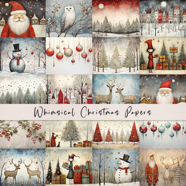 20 Whimsical Christmas Printable Art Pages| Digital Download JPG Paper Set| PNG sublimation| Whimsical Digital Paper | Retro Santa Claus