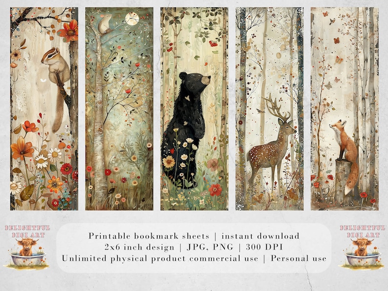 May include: Set of five printable bookmark designs featuring woodland animals in a whimsical forest setting. Each bookmark features a different animal, including a squirrel, a bear, a deer, and a fox, surrounded by colorful flowers and trees. The bookmarks are 2 inches wide by 6 inches tall and are available for instant download in JPG and PNG formats at 300 DPI.