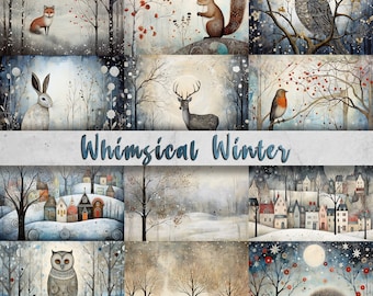 Whimsical Winter Printable Art Pages| Digital Download Paper Set| PNG sublimation| Whimsical Digital Paper | Holiday Artwork| Quirky Animals