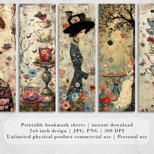 May include: Set of four printable bookmark designs featuring whimsical illustrations of women with teacups and teapots in a garden setting. The illustrations are in a vintage style with muted colors and delicate details. The bookmarks are 2 inches by 6 inches and are available for instant download in JPG and PNG formats at 300 DPI.