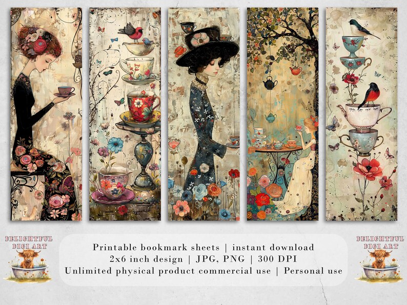 May include: Set of four printable bookmark designs featuring whimsical illustrations of women with teacups and teapots in a garden setting. The illustrations are in a vintage style with muted colors and delicate details. The bookmarks are 2 inches by 6 inches and are available for instant download in JPG and PNG formats at 300 DPI.