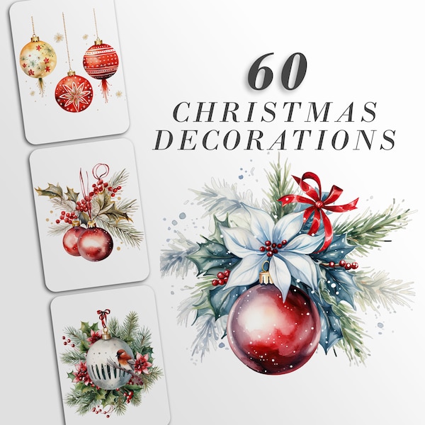 60 Christmas Decorations Clipart: Watercolor Ornaments for Crafts and Decor | PNG Bundle | Digital Download | Sublimation Designs| Retro Art