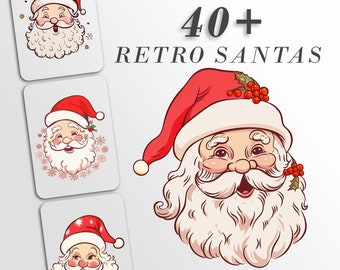 Puede incluir: Un conjunto de más de 40 ilustraciones retro de Papá Noel. Cada ilustración presenta un Papá Noel diferente con un gorro rojo, barba blanca y una expresión alegre. Las ilustraciones son perfectas para agregar un toque festivo a tus proyectos navideños.