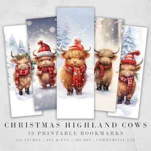 10 Christmas Highland Cow Printable Bookmarks | Digital Download JPG Bookmark Sheets | PNG bookmark sublimation | Calf bookmark set | Xmas