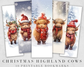 10 Christmas Highland Cow Printable Bookmarks | Digital Download JPG Bookmark Sheets | PNG bookmark sublimation | Calf bookmark set | Xmas