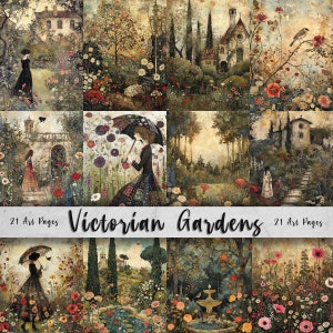 Páginas de arte para impressão de jardins vitorianos, pacote de arte extravagante, imagens peculiares de scrapbooking floral em papel digital, arte de diário indesejado, criação de cartões DIY