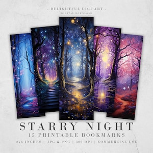 15 Marcadores imprimibles de Noche estrellada de fantasía / Descarga digital JPG Conjunto de marcadores / Paquete PNG / Conjunto de marcadores de sublimación surrealista / Imprimir y cortar