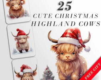 Acuarela Navidad Highland Cows Clipart: Arte de vacas para manualidades y decoración navideñas / Paquete PNG / Descarga digital / Archivos de sublimación