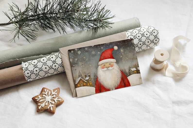 May include: A Christmas card with a watercolor illustration of Santa Claus in a red suit with a white beard and a snowy village in the background. The card is in a brown envelope with a green and white patterned wrapping paper.