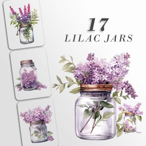 Lilac Floral Jars Clipart: Flores moradas en jarrones PNG Bundle / Ramos florales de acuarela / Elementos de uso comercial / Elaboración digital