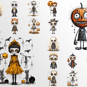 May include: A set of 18 Halloween-themed digital illustrations featuring various characters, including skeletons, pumpkins, and ghosts. The characters are drawn in a whimsical style with black outlines and colorful details.