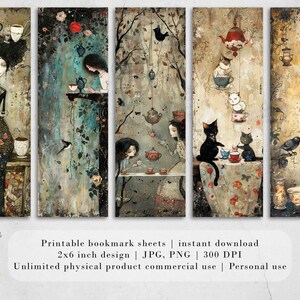 May include: Set of five printable bookmark designs featuring whimsical illustrations of tea parties with cats, birds, and teacups. The designs are in a vintage style with muted colors and intricate details. The bookmarks are 2x6 inches and are available for instant download in JPG and PNG formats at 300 DPI.