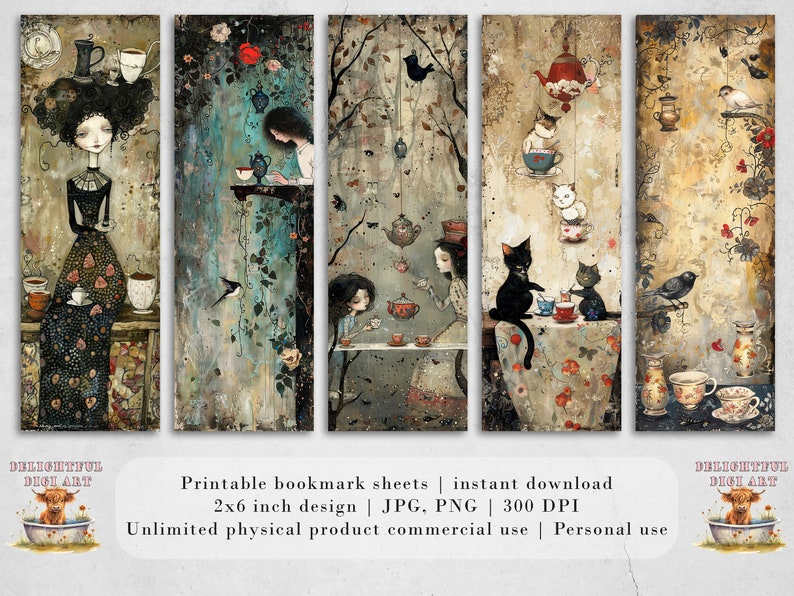 May include: Set of five printable bookmark designs featuring whimsical illustrations of tea parties with cats, birds, and teacups. The designs are in a vintage style with muted colors and intricate details. The bookmarks are 2x6 inches and are available for instant download in JPG and PNG formats at 300 DPI.